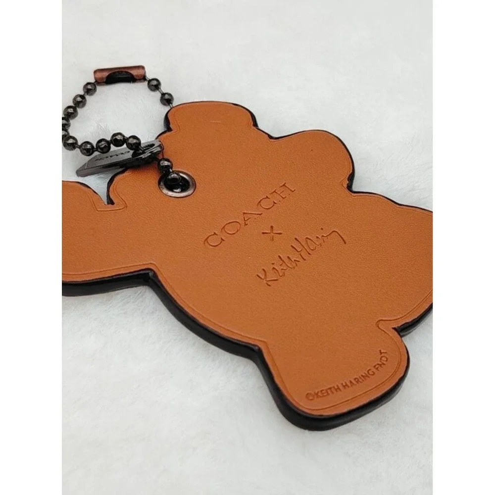 Coach x Keith Haring Dancing Man Glitter Leather Bag Charm Keychain Pink Brown